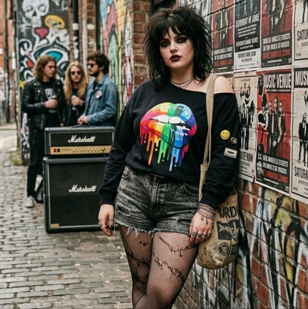 Plus Size 4XL Grundge Rainbow Drip Lips Off The Shoulder Graphic Sweatshirt